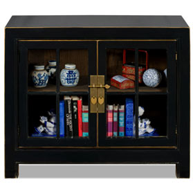 Distressed Black Elmwood Ming Style Asian Cabinet with Glass Doors