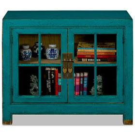 Distressed Teal Elmwood Ming Style Asian Cabinet with Glass Doors