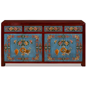 Distressed Red and Light Blue Flower Motif Elmwood Tibetan Cabinet