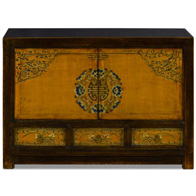 Distressed Golden Yellow Elmwood Qing Dynasty Oriental Cabinet