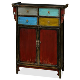 Distressed Multicolor Elmwood Qing Dynasty Altar Style Asian Cabinet