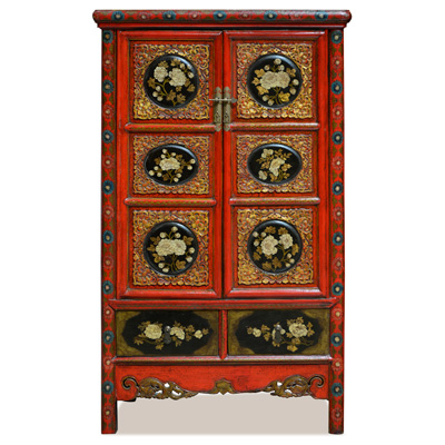 Elmwood Qing Dynasty Oriental Armoire with Peony Flowers