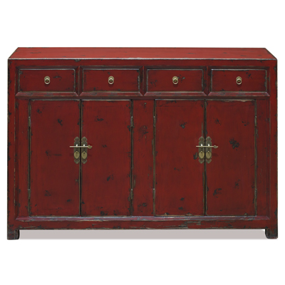 Distressed Red Elmwood Chinese Ming Sideboard