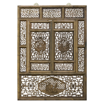 Cedar wood Lattice Window Shutter with People Asian Wall Plaque