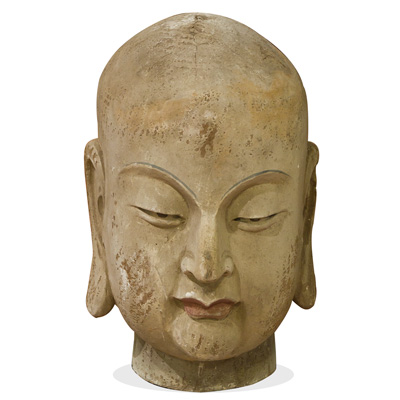 Vintage Enlightened Monk Head Chinese Wooden Sculpture