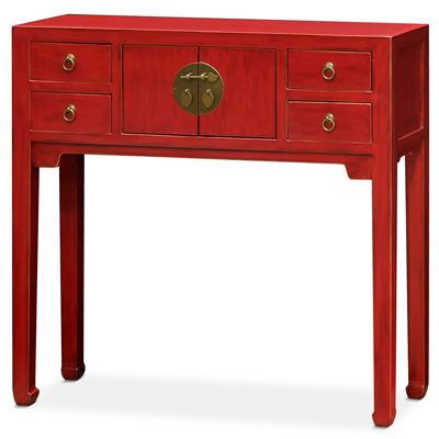 Distressed Red Petite Elmwood Chinese Mandarin Console