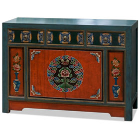 Elmwood Peony and Butterfly Motif Tibetan Cabinet