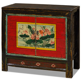 Elmwood Red Lotus Flower Mongolian Cabinet