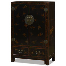 Vintage Distressed Black Oriental Elmwood Cabinet with Butterfly Motif