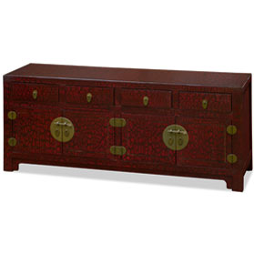 Crackle Dark Red Elmwood Oriental Kang Style Media Cabinet