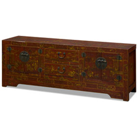 Rustic Red Chinoiserie Vintage Elmwood Chinese Kang Media Cabinet