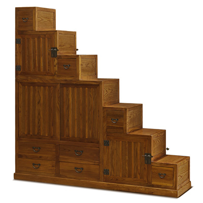 Walnut Finish Elmwood Grand Japanese Step Tansu Chest