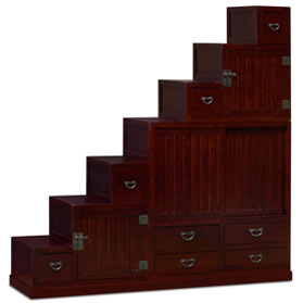 Dark Cherry Elmwood Grand Japanese Step Tansu Chest