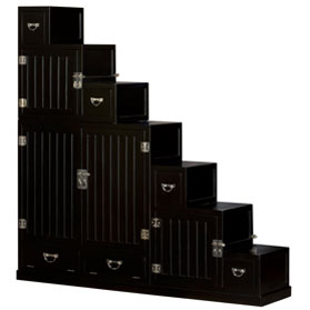 Black Finish Elmwood Grand Japanese Step Tansu Chest with White Brass Hardware