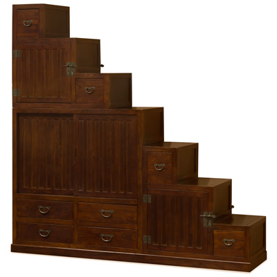 Mahogany Finish Elmwood Grand Japanese Step Tansu Chest