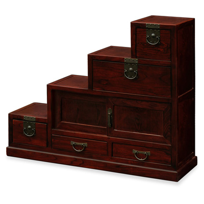 Dark Cherry Elmwood Japanese Style Step Tansu