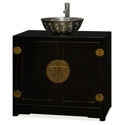 Distressed Black Elmwood Chinese Ming Vanity Cabinet