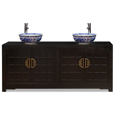 Matte Black Elmwood Japanese Sho Ji Double Vanity Cabinet