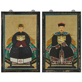 Vintage Blue Robe Chinse Ancestor Family Portrait Painting Set