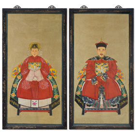 Large Vintage Red Robe Chinese Ancestor Family Portrait Painting Set