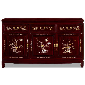 Cherry Rosewood Oriental Sideboard with Flower and Bird Mother of Pearl Inlay