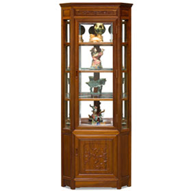 Natural Finish Rosewood Chinese Bird and Flower Corner Display Cabinet