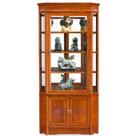 Natural Finish Rosewood Chinese Longevity Corner Display Cabinet