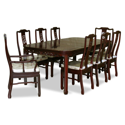 Dark Cherry Rosewood Flower and Bird Rectangle Oriental Dining Set with 8 Chairs