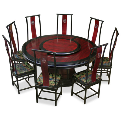 Black Trim Dark Cherry Rosewood Chinese Ming Round Dining Set with 8 Chairs