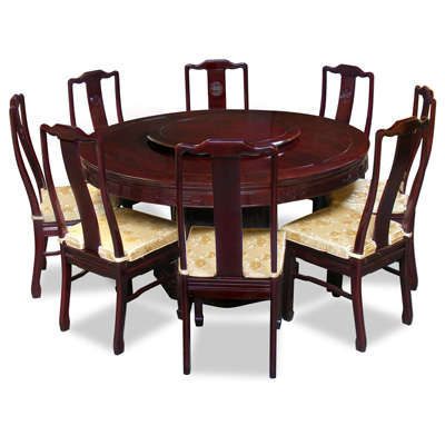 Dark Cherry Rosewood Longevity Round Oriental Dining Set with 8 Chairs