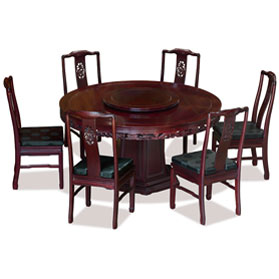 60in Dark Cherry Finish Rosewood Dragon Motif Round Oriental Dining Set with 6 Chairs