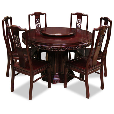 Dark Cherry Rosewood Flower and Bird Round Oriental Dining Set with 6 Chairs