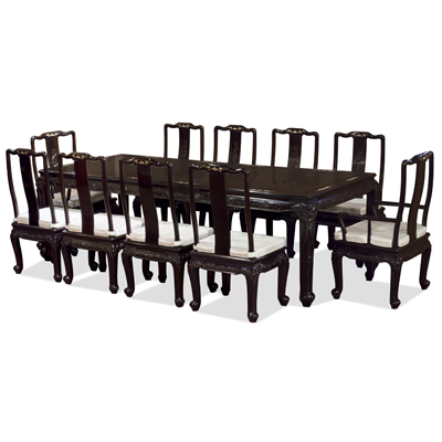 100in Black Ebony Elephant and Fish Motif with Mother of Pearl Inlay Oriental Dining Set with 10 Chairs