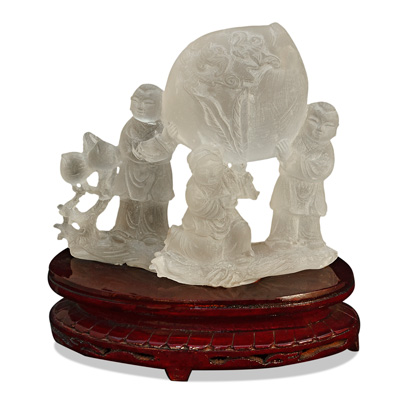 Frosted Quartz Children with Longevity Peach Asian Sculpture