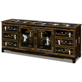 Black Lacquer Mother of Pearl Asian Sideboard