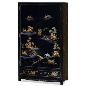 Black Laquer Chinoiserie Scenery Motif Chinese Armoire