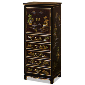 Maroon Lacquer Chinoiserie Scenery Chinese Chest with 5 Drawers