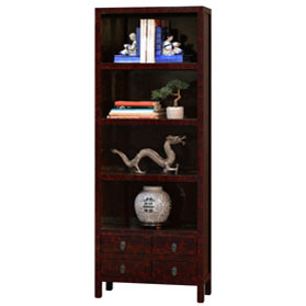 Maroon Lacquer Chinese Bookcase with 4 Drawers