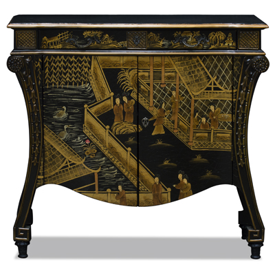 Black Crackle Chinoiserie Courtyard French Motif Oriental Commode