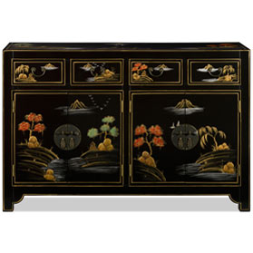 Black Lacquer Chinoiserie Scenery Motif Oriental Sideboard