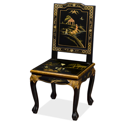 Black Queen Anne Chinoiserie Scenery Motif Oriental Accent Chair