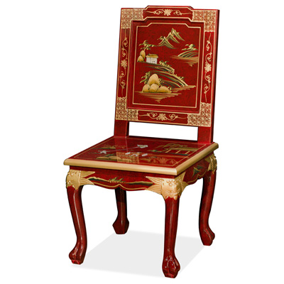 Red Queen Anne Chinoiserie Scenery Motif Oriental Accent Chair