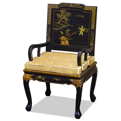 Black Queen Anne Chinoiserie Scenery Motif Oriental Arm Chair