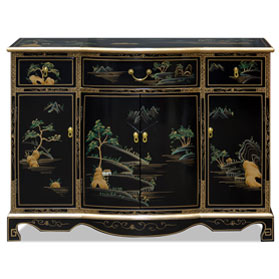 Black Lacquer Chinoiserie Scenery Motif Oriental Hall Cabinet