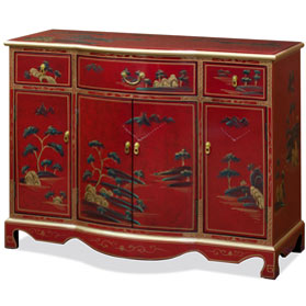 Red Lacquer Chinoiserie Scenery Motif Oriental Hall Cabinet