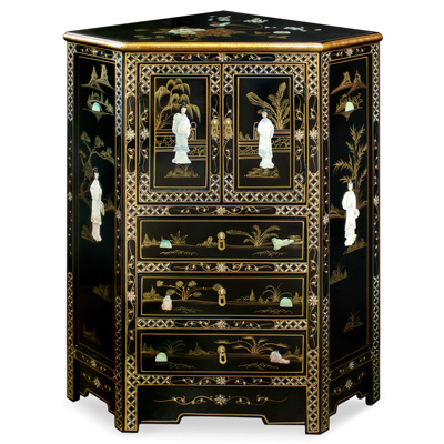 Black Lacquer Mother of Pearl Oriental Corner Cabinet