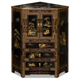 Black Lacquer Chinoiserie Landscape Oriental Corner Cabinet