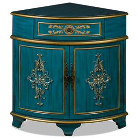 Aquamarine Blue and Gold French Style Asian Round Corner Cabinet