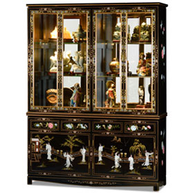 Black Lacquer Oriental China Cabinet with Mother of Pearl Maidens