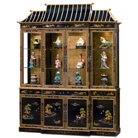 72in Black Lacquer Chinoiserie Pagoda Oriental China Cabinet